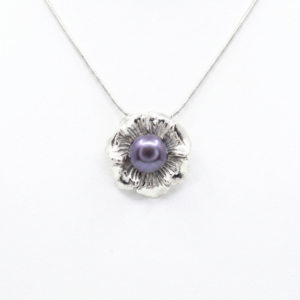 Bold Silver Finish Floral Pendant With 12mm Blue Button Pearl