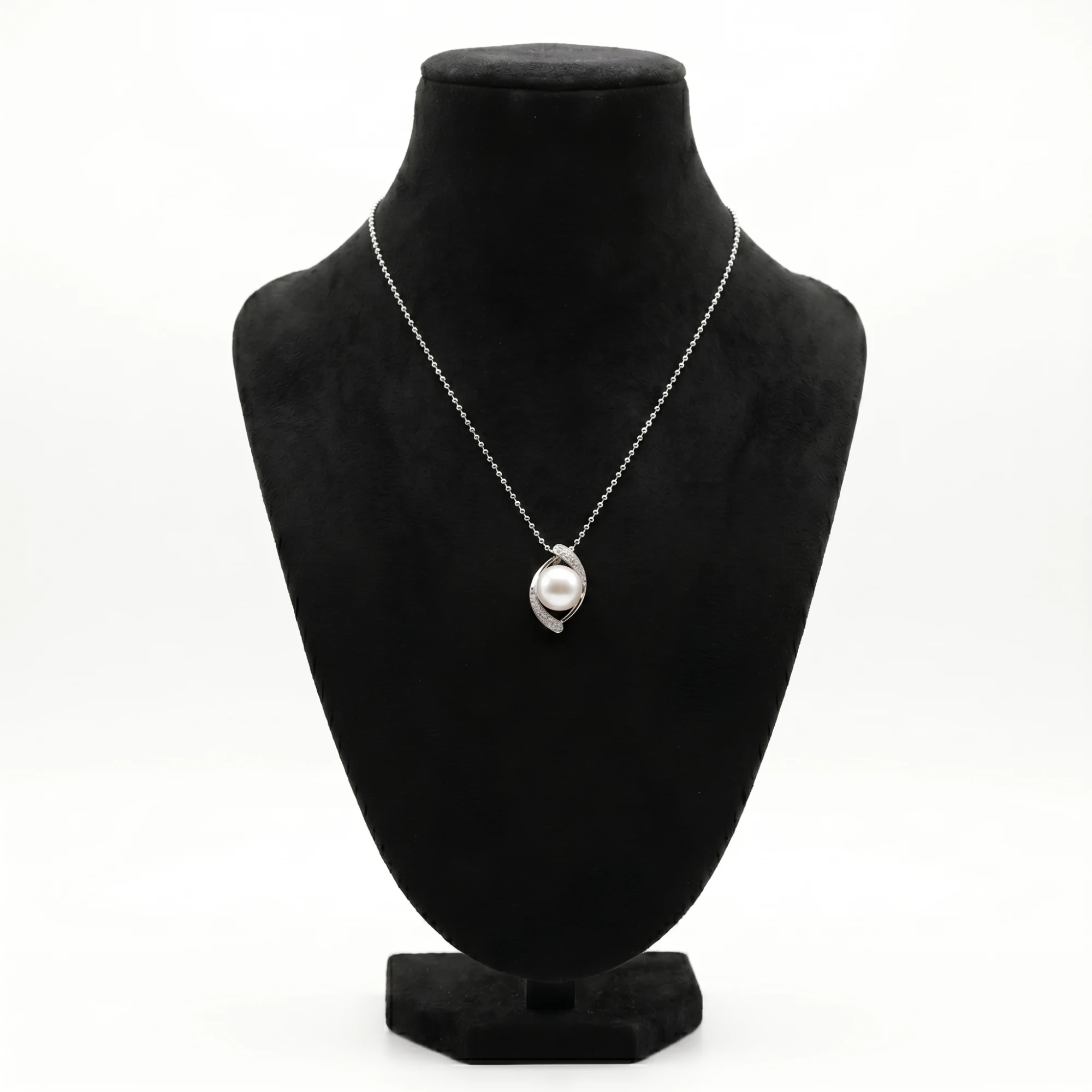Eternal CZ Pendant Studded With 11mm White Button Pearl worn on display bust