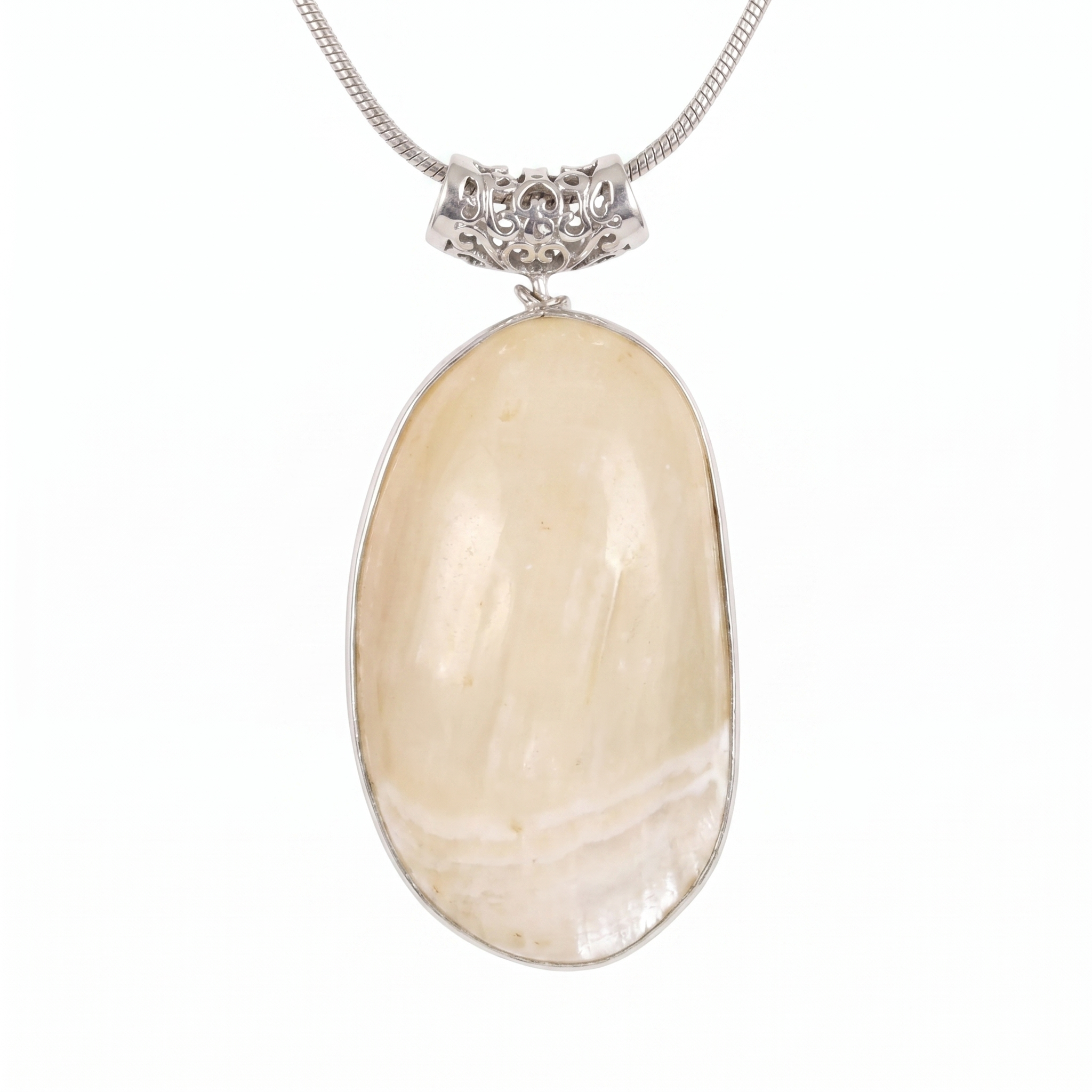 Exquisite Mother of Pearl Pendant With A Filigree Clasp