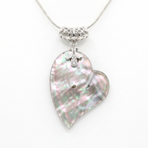 Unique Abalone Mother of Pearl Heart Shaped Pendant With A Filigree Clasp