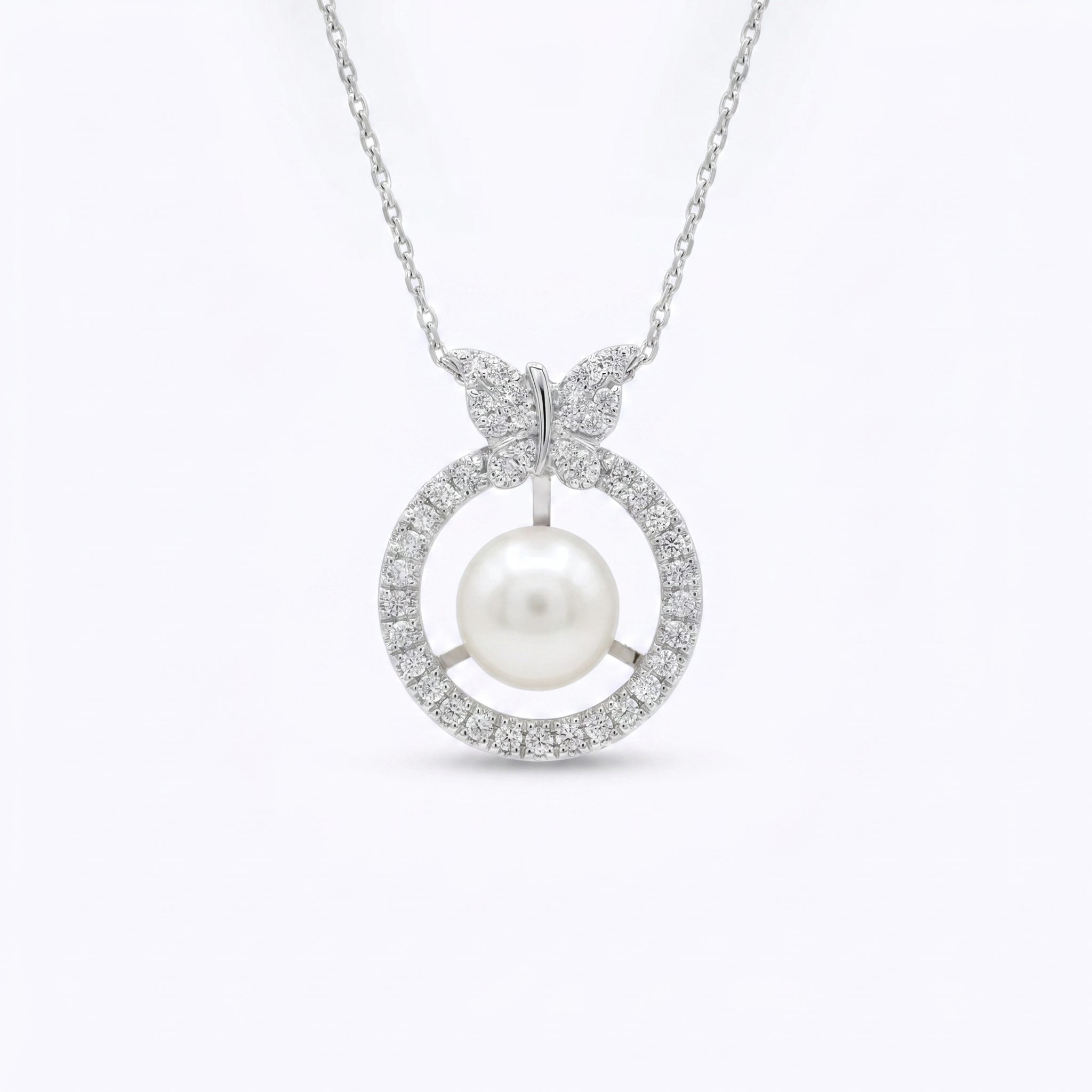 Enchanting Silver Finish Butterfly Pendant With 10mm White Button Pearl