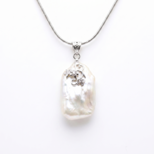 Charismatic White Baroque Pearl Pendant With CZ Floral 925 Silver Clasp