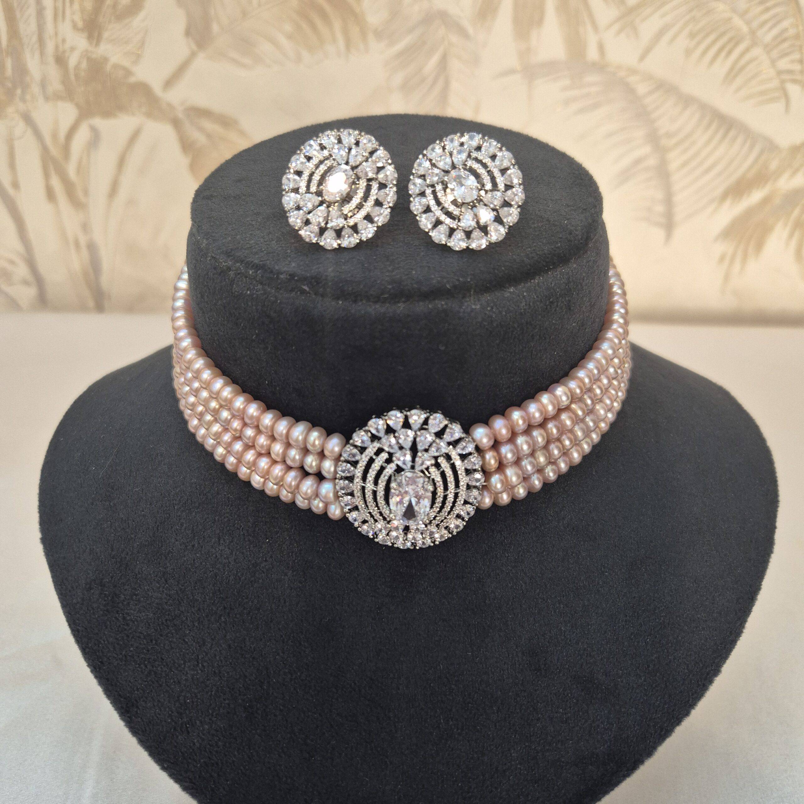Subtle Multi-line Lavender Semi-round Pearls Choker With Oxidised CZ Pendant - Image 2