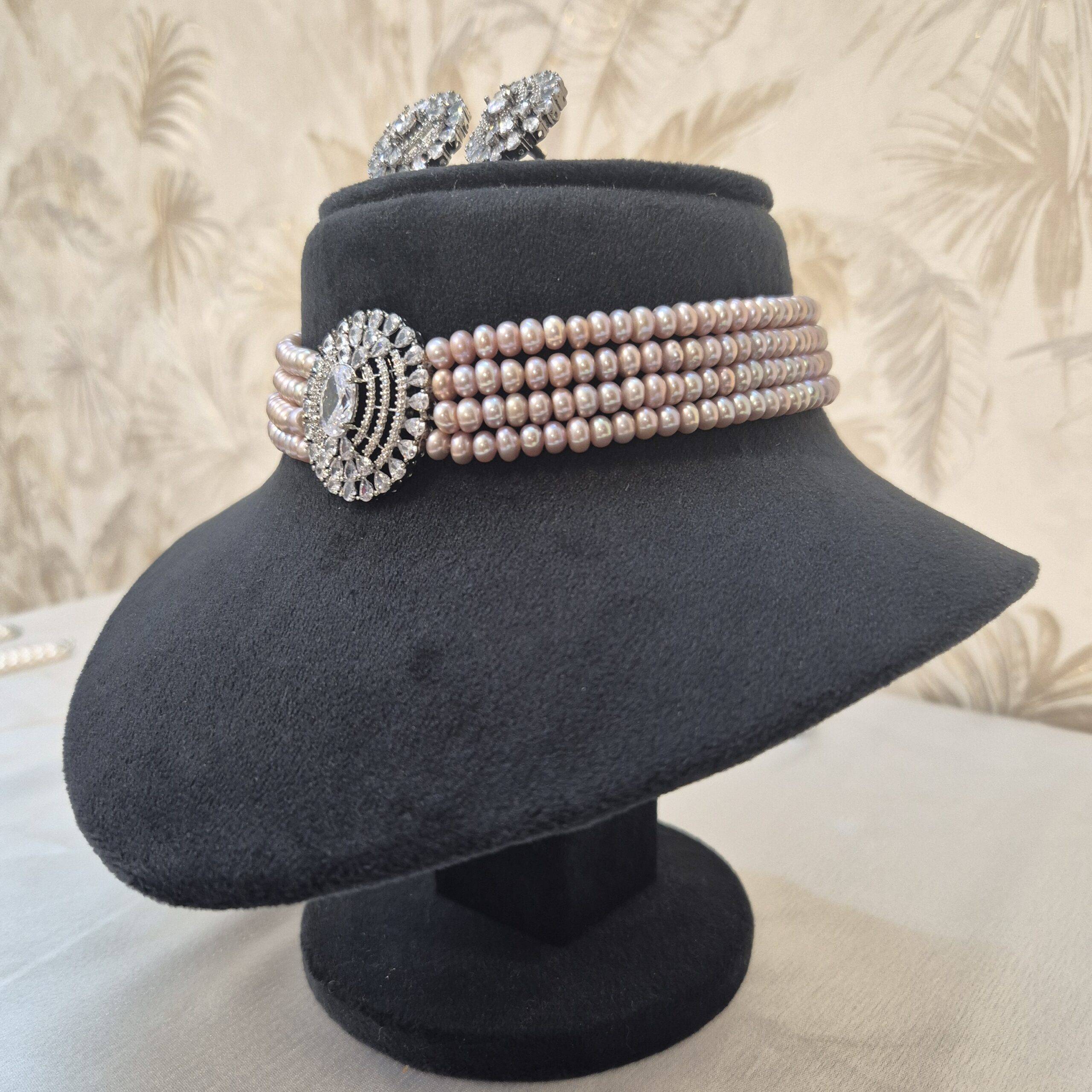 Subtle Multi-line Lavender Semi-round Pearls Choker With Oxidised CZ Pendant - Image 3
