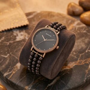 Sophisticated 3-Line 5mm Black Round Pearls Bracelet With Round Sonata Dial
