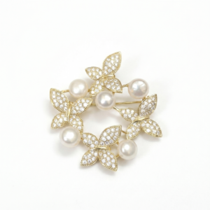 Whimsical Brooch With White Button Pearls & Butterfly Studded Zircons