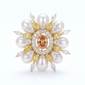 Glistening Golden Finish Brooch With White Oval Pearls & CZ's