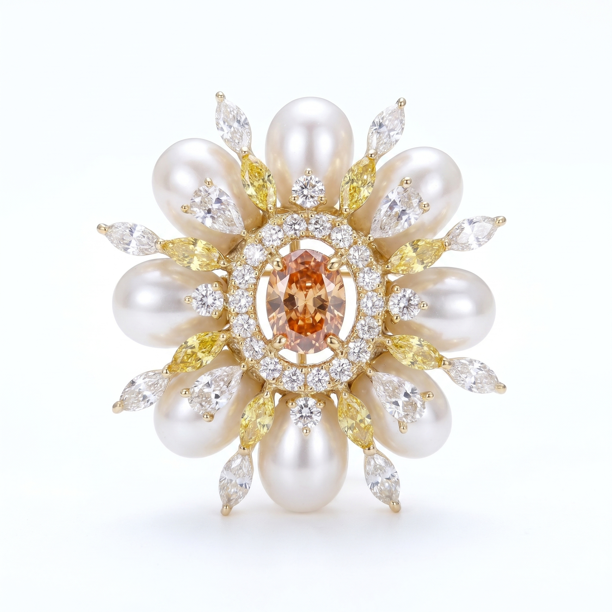 Glistening Golden Finish Brooch With White Oval Pearls & CZ's