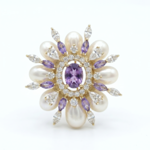 Glimmering Golden Finish Brooch With White Oval Pearls & CZ's