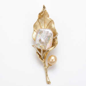 Muted Matte Golden Leafy Brooch With Baroque Pearl & CZ