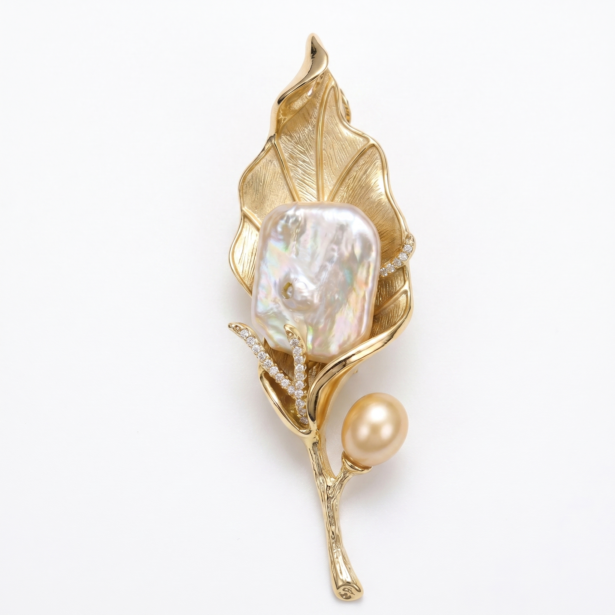 Muted Matte Golden Leafy Brooch With Baroque Pearl & CZ