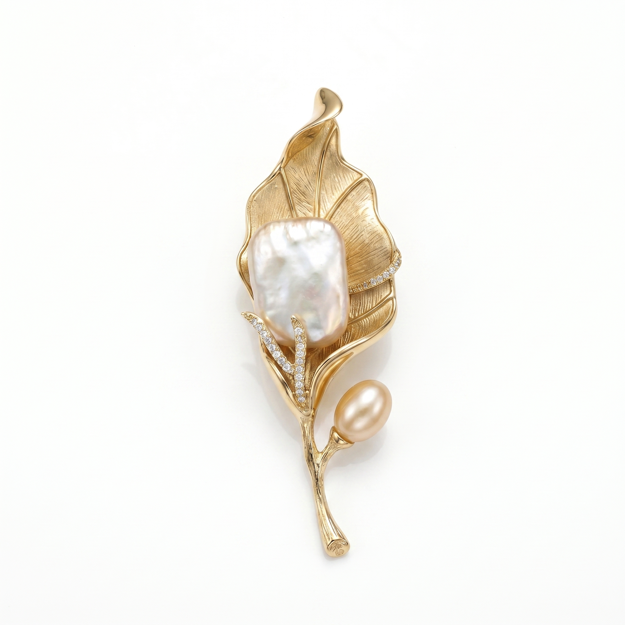 Sophisticated Matte Golden Leafy Brooch With Baroque Pearl & CZ