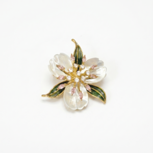 Delicate Mother Of Pearl Brooch With Enameled Leaves & CZ