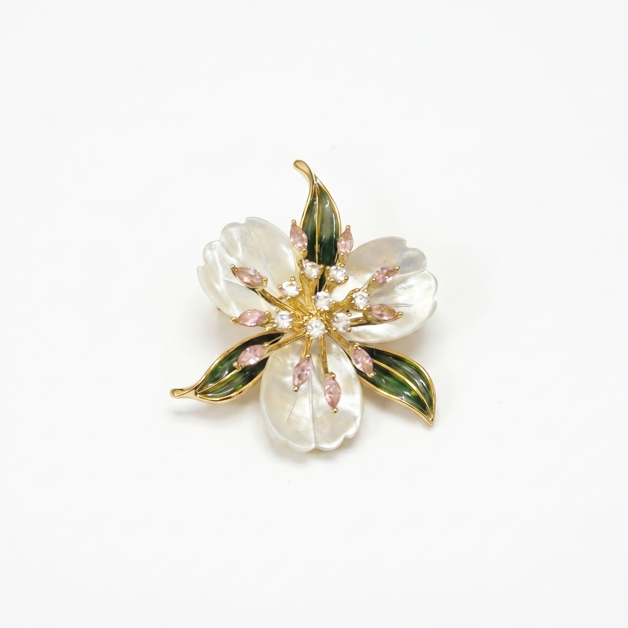 Delicate Mother Of Pearl Brooch With Enameled Leaves & CZ
