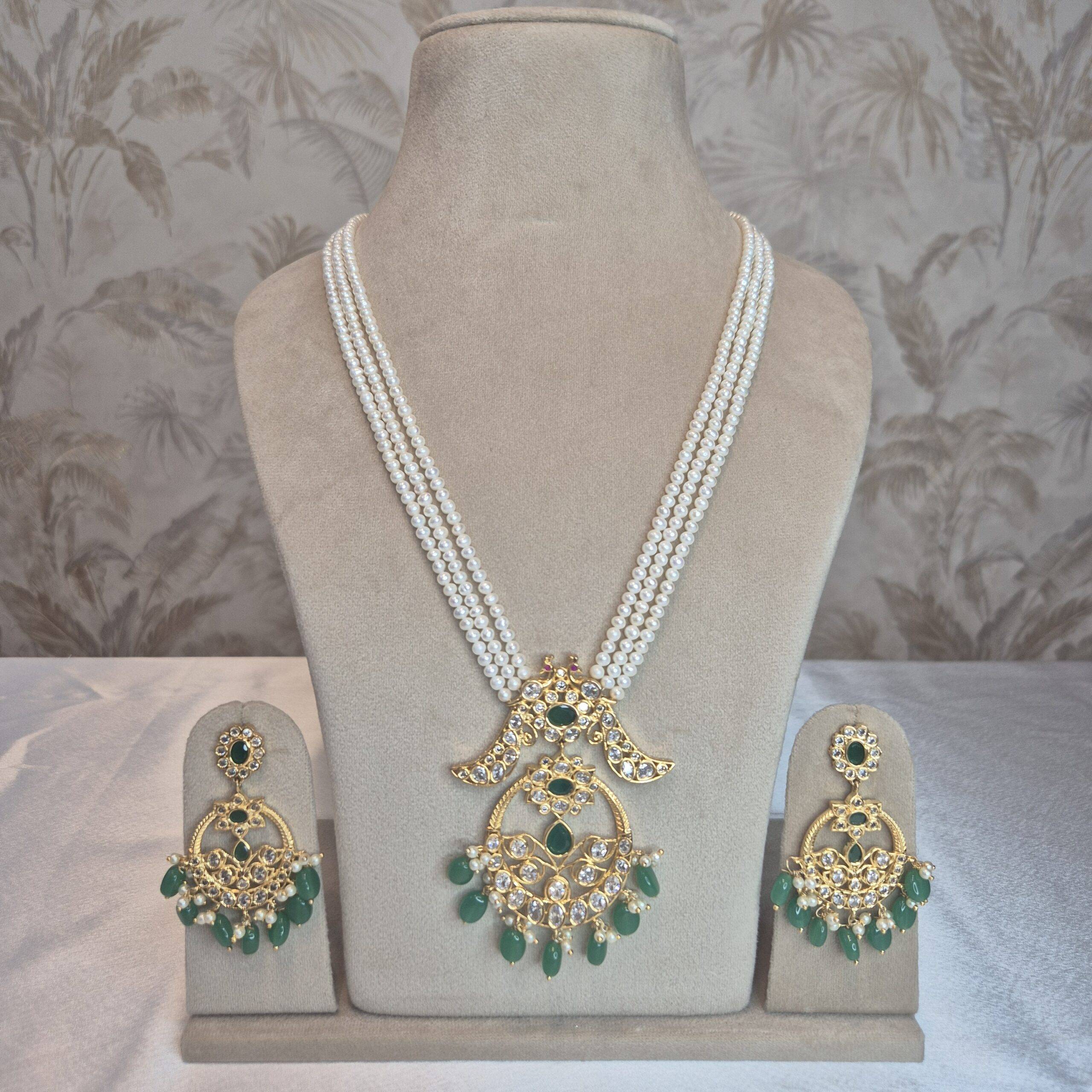 Timeless 20Inch Long 3Line White Pearls Necklace With Polki Peacock Pendant