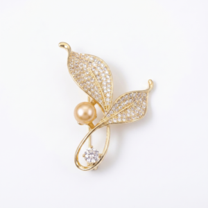 Elegant Leafy Brooch Enhanced With Peach Button Pearl & CZ