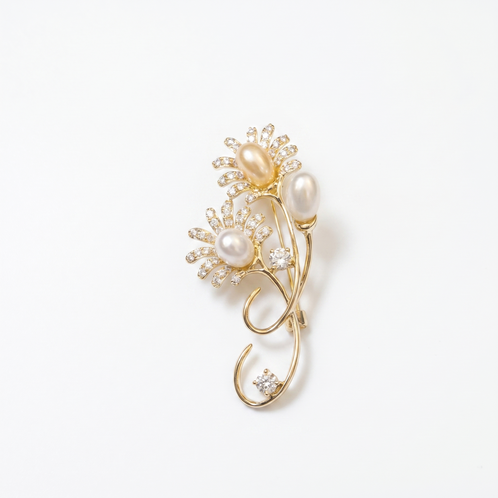 Pretty Floral Brooch Enhanced With Oval Pearls & CZ