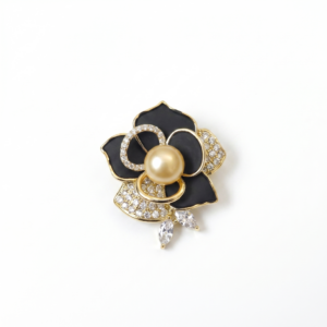 Stunning Black Rose Flower Brooch with Peach Button Pearl & CZ