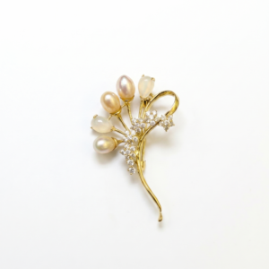 Traditional Golden Finish Floral Brooch with Oval Pearls & CZ