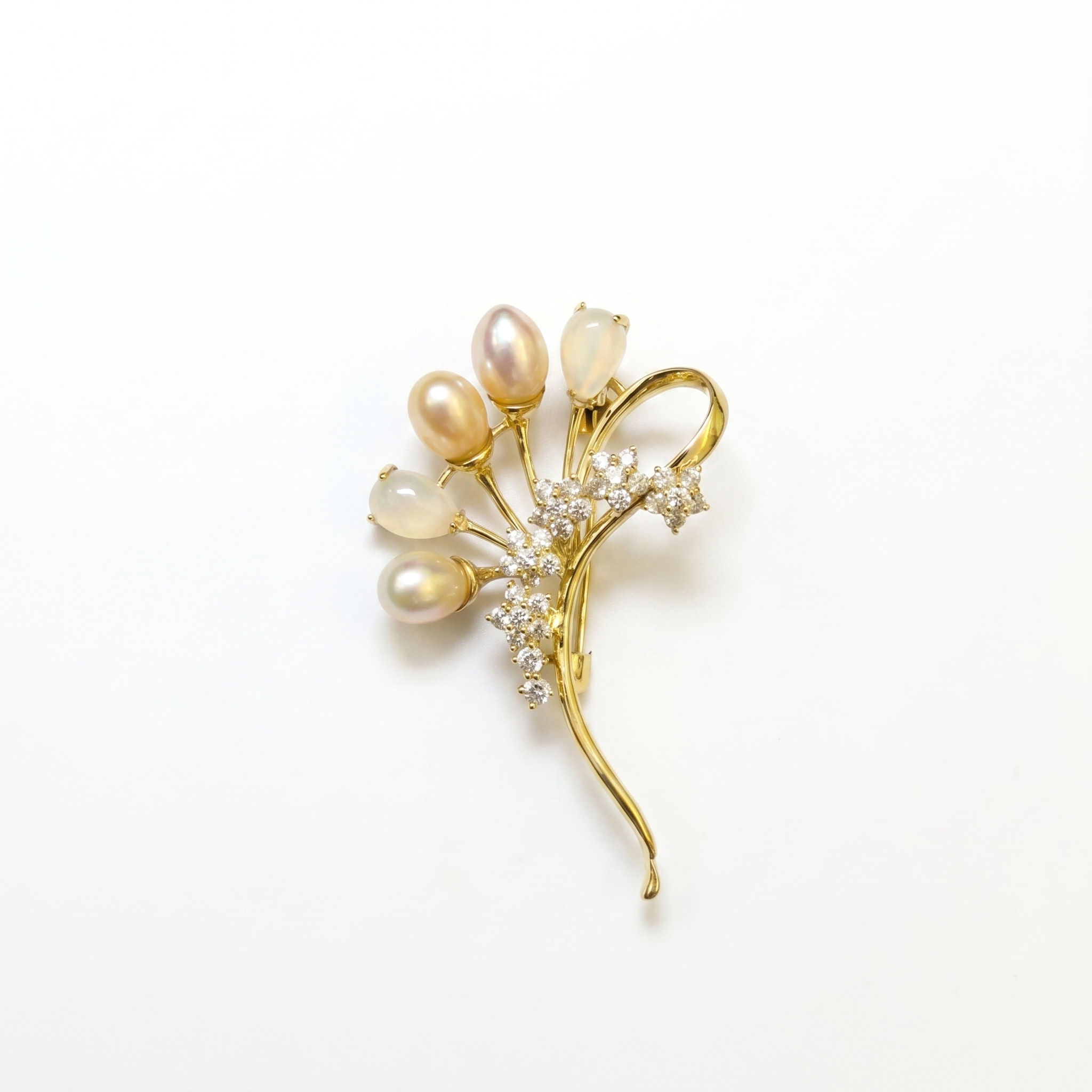 Traditional Golden Finish Floral Brooch with Oval Pearls & CZ