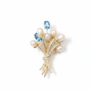 Elegant White Oval Pearl Bouquet Brooch With CZ & SP Aquamarine