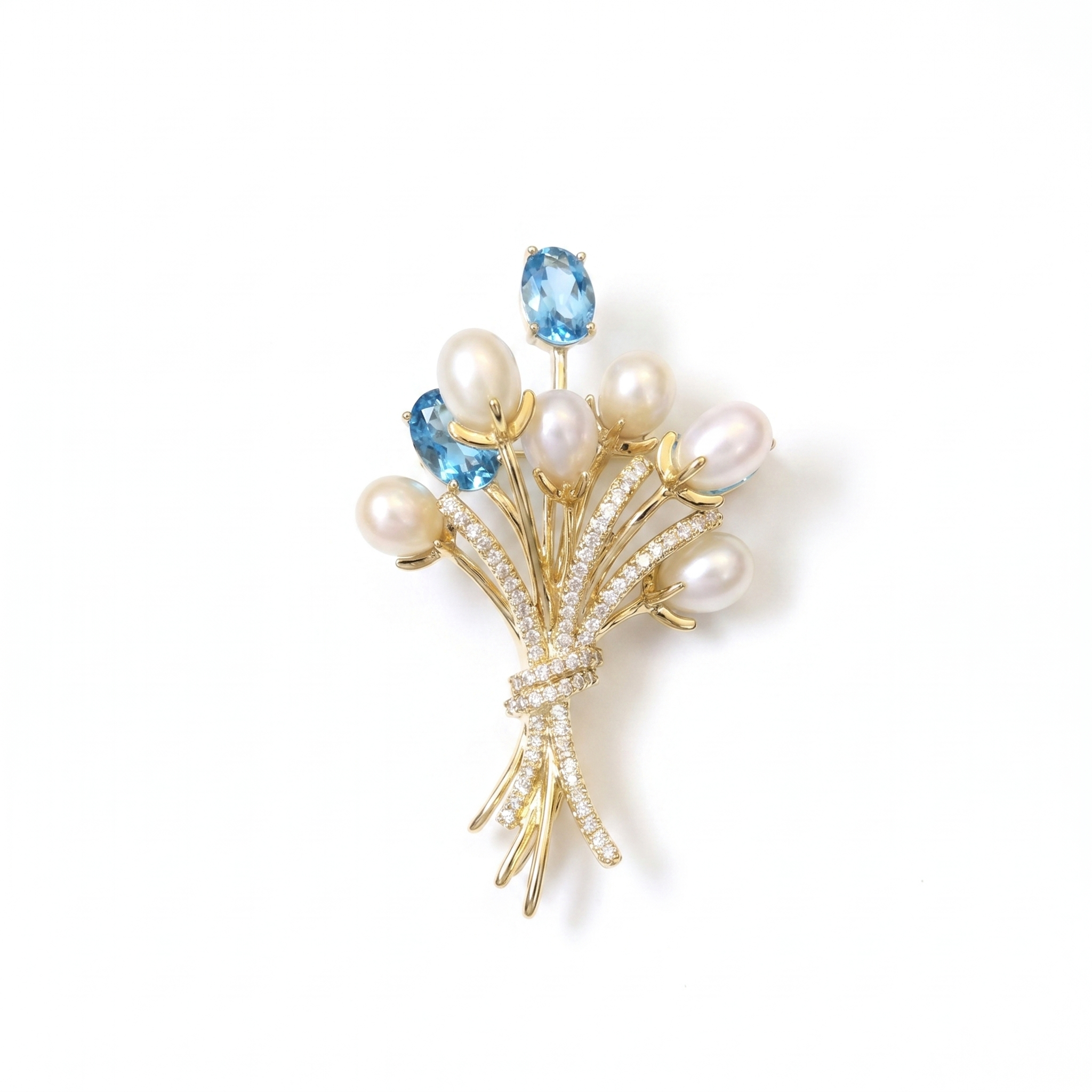 Elegant White Oval Pearl Bouquet Brooch With CZ & SP Aquamarine