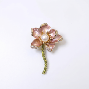 Beautiful White Button Pearl Brooch With Enameled Flower & CZ
