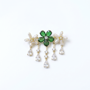 Gorgeous Floral White Oval Pearl Brooch With CZ & SP Emeralds