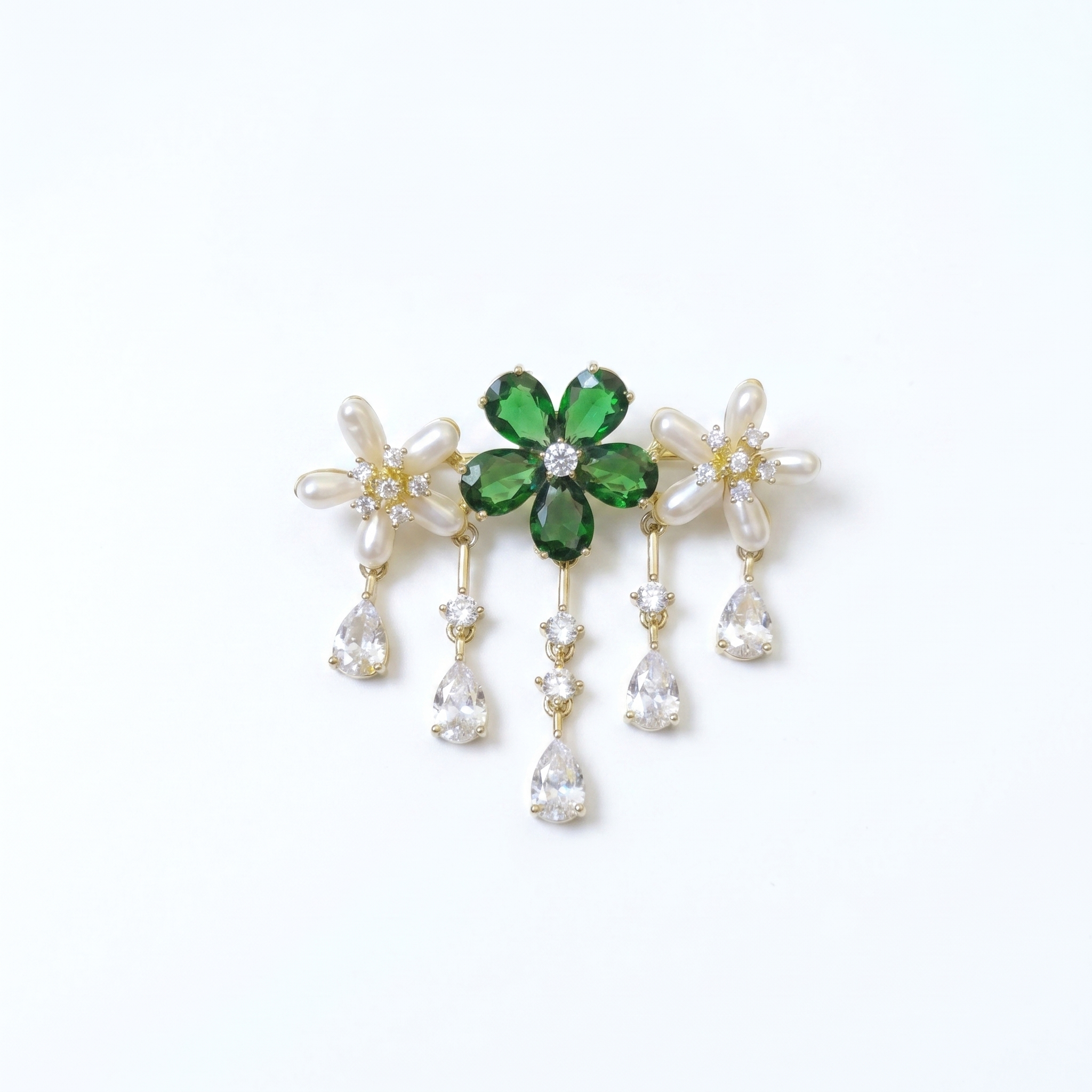 Gorgeous Floral White Oval Pearl Brooch With CZ & SP Emeralds