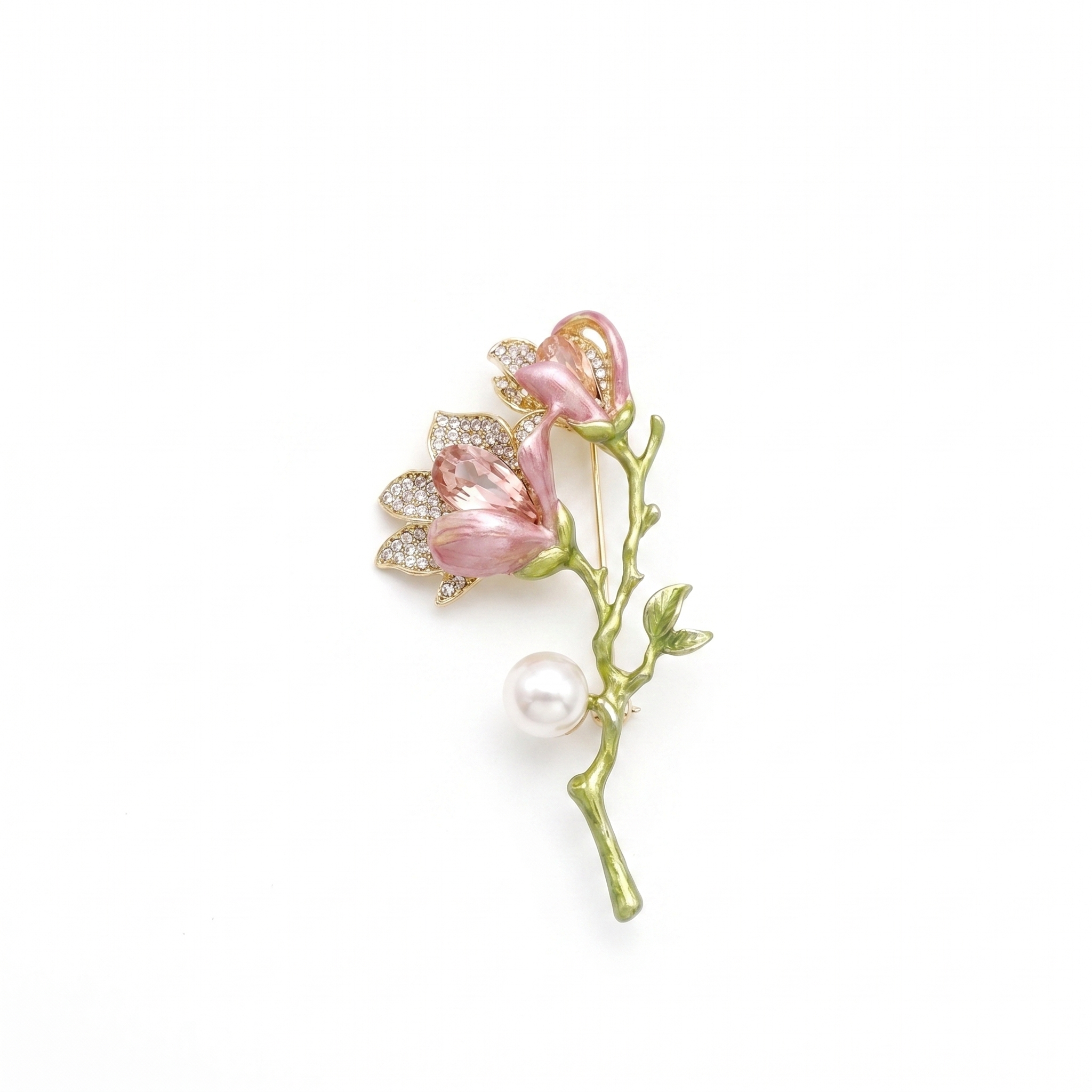 Lovely White Button Pearl Brooch With Enameled Flowers & CZ