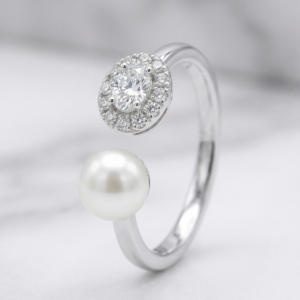 The Orbit Ring - Pearl and CZ Halo Open Ring