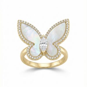 Gold-toned mother of pearl butterfly ring with American diamond accents and marquise centre stone - Pure Pearls