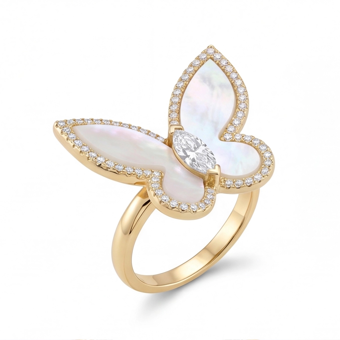 Gold-toned mother of pearl butterfly ring at a three-quarter angle - Pure Pearls