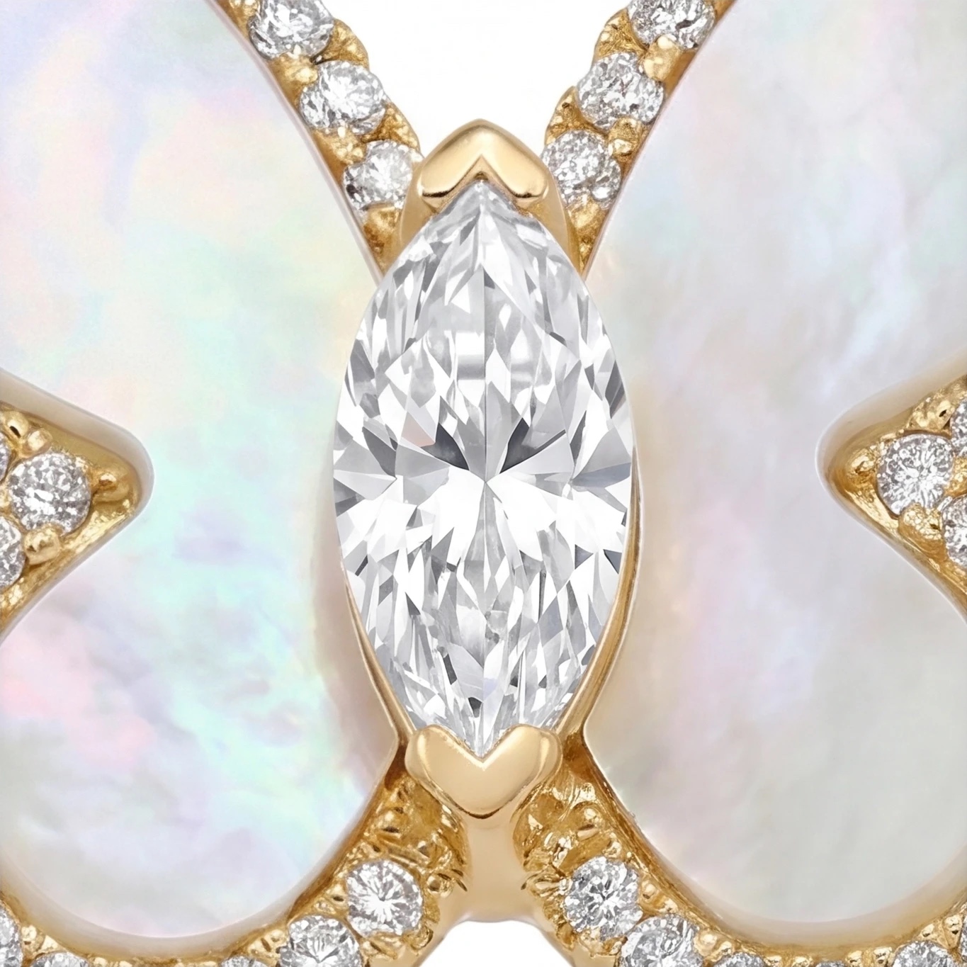 Close-up of the marquise American diamond (CZ) centre of the mother of pearl butterfly ring - Pure Pearls