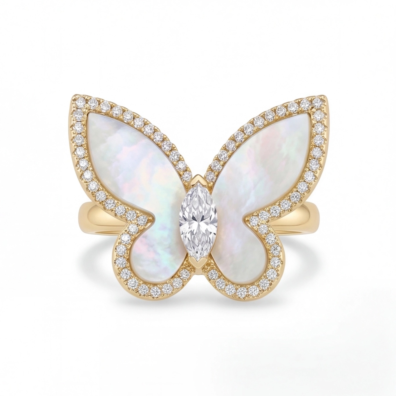Mother of pearl butterfly ring with marquise American diamond (CZ) centre, front view - Pure Pearls