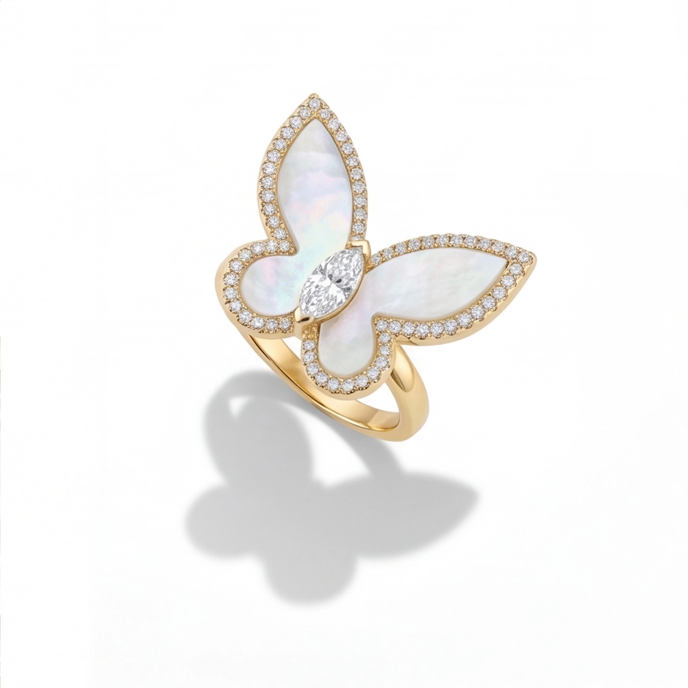 Mother of pearl butterfly ring at an angle with American diamond accents - Pure Pearls
