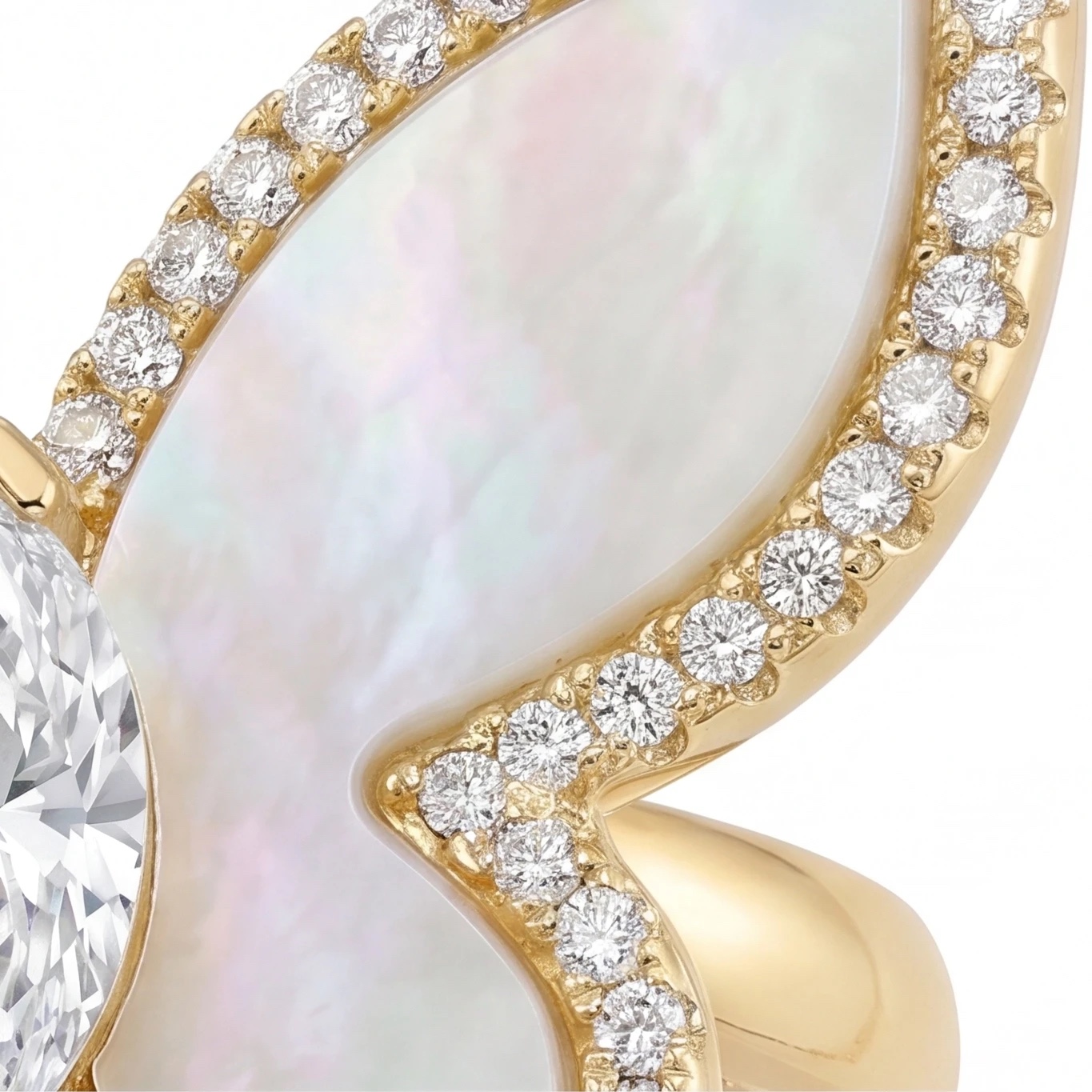 Detail of a mother of pearl wing with pavé American diamond (CZ) outline - Pure Pearls