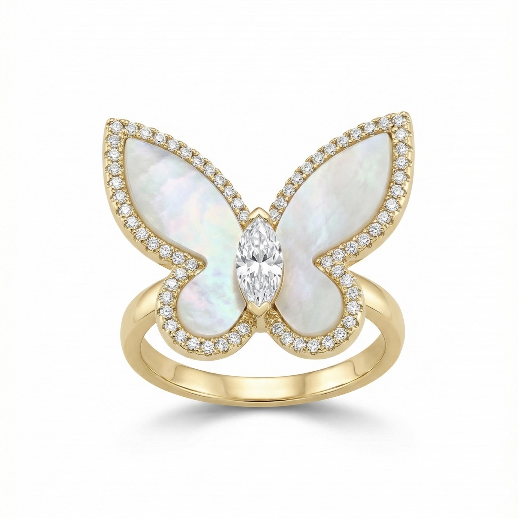 Gold-toned mother of pearl butterfly ring with American diamond accents and marquise centre stone - Pure Pearls