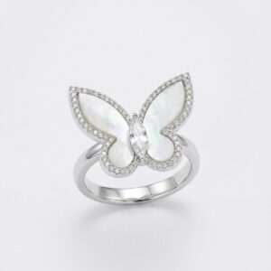 Silver-toned mother of pearl butterfly ring with American diamond accents and marquise centre stone - Pure Pearls
