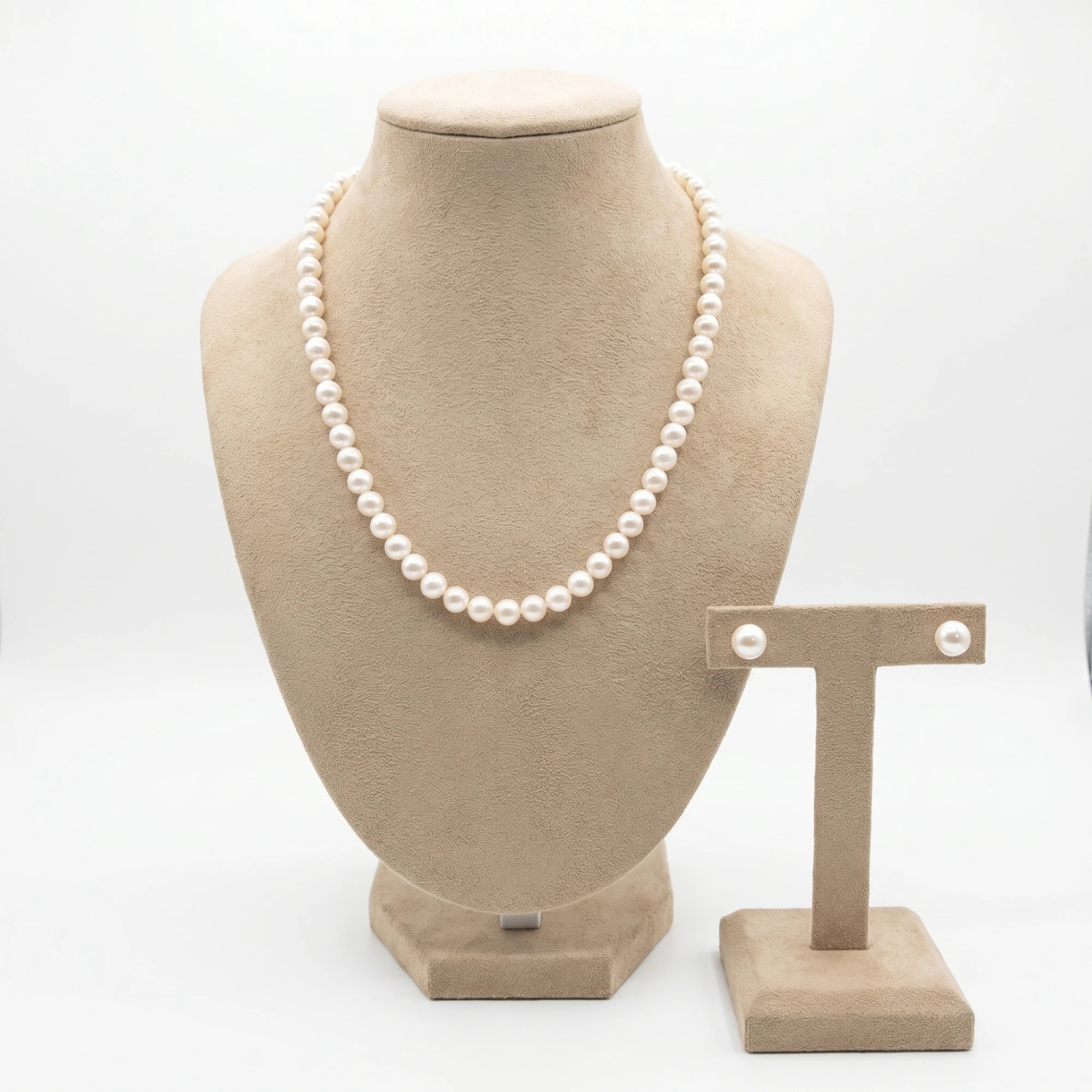 White round freshwater pearl single-line necklace with matching pearl stud earrings - Pure Pearls