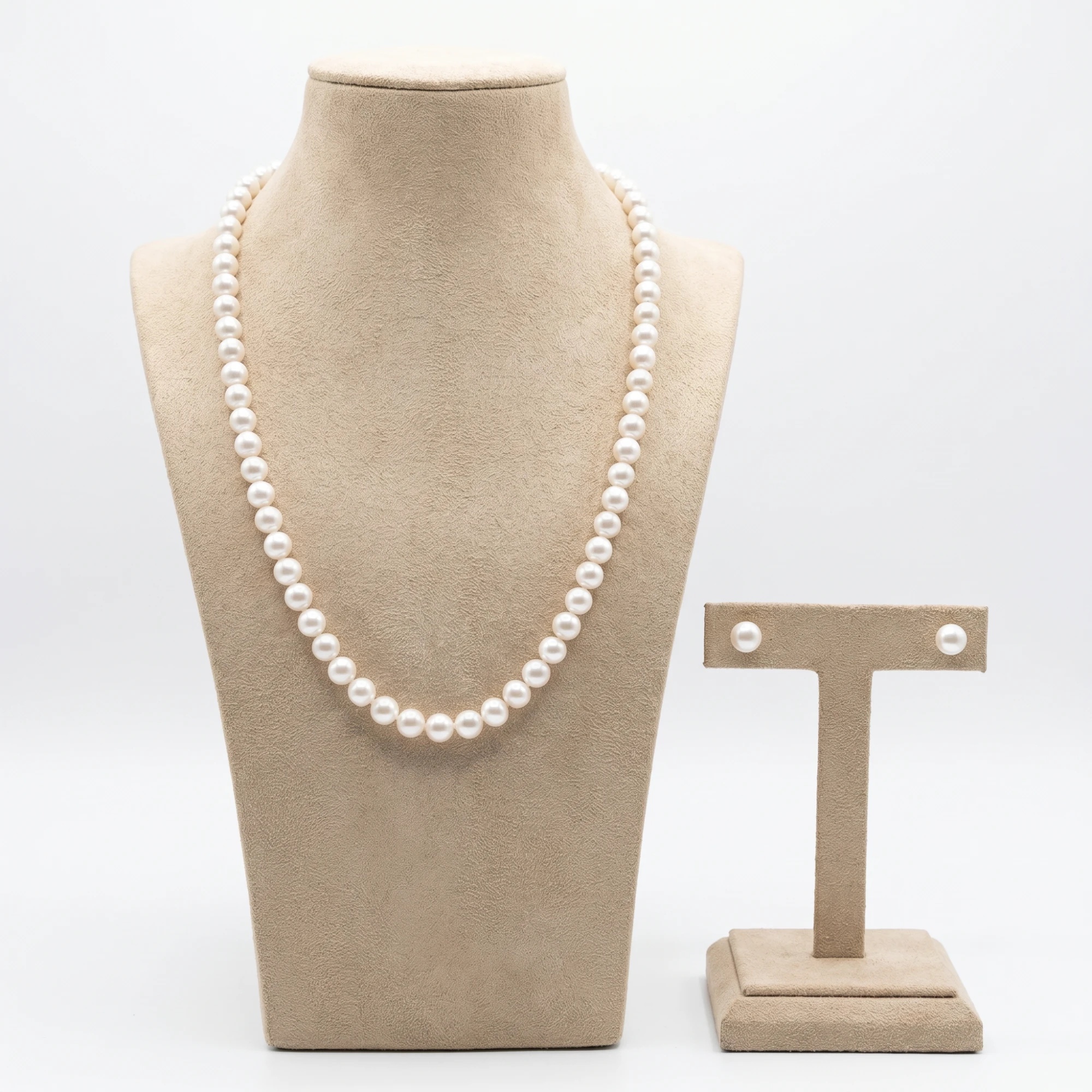 White round freshwater pearl matinee-length necklace with matching pearl stud earrings - Pure Pearls