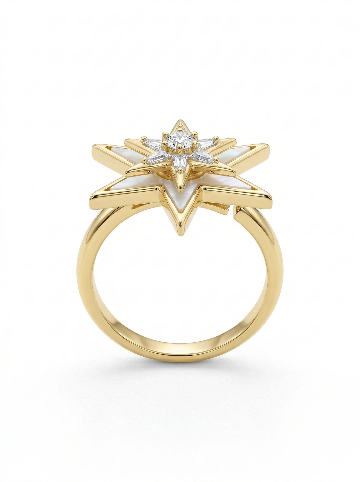 Front view of the mother of pearl star ring showing the adjustable gold-toned band - Pure Pearls