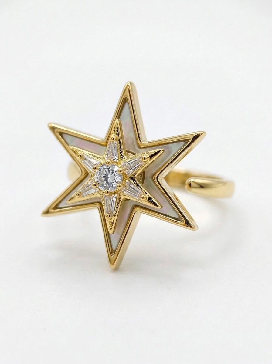 Gold-toned star ring with genuine mother of pearl and an American diamond (CZ) centre - Pure Pearls