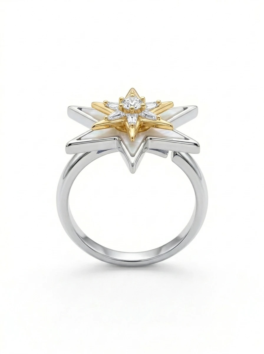Upright view of the two-tone mother of pearl star ring showing the silver band - Pure Pearls