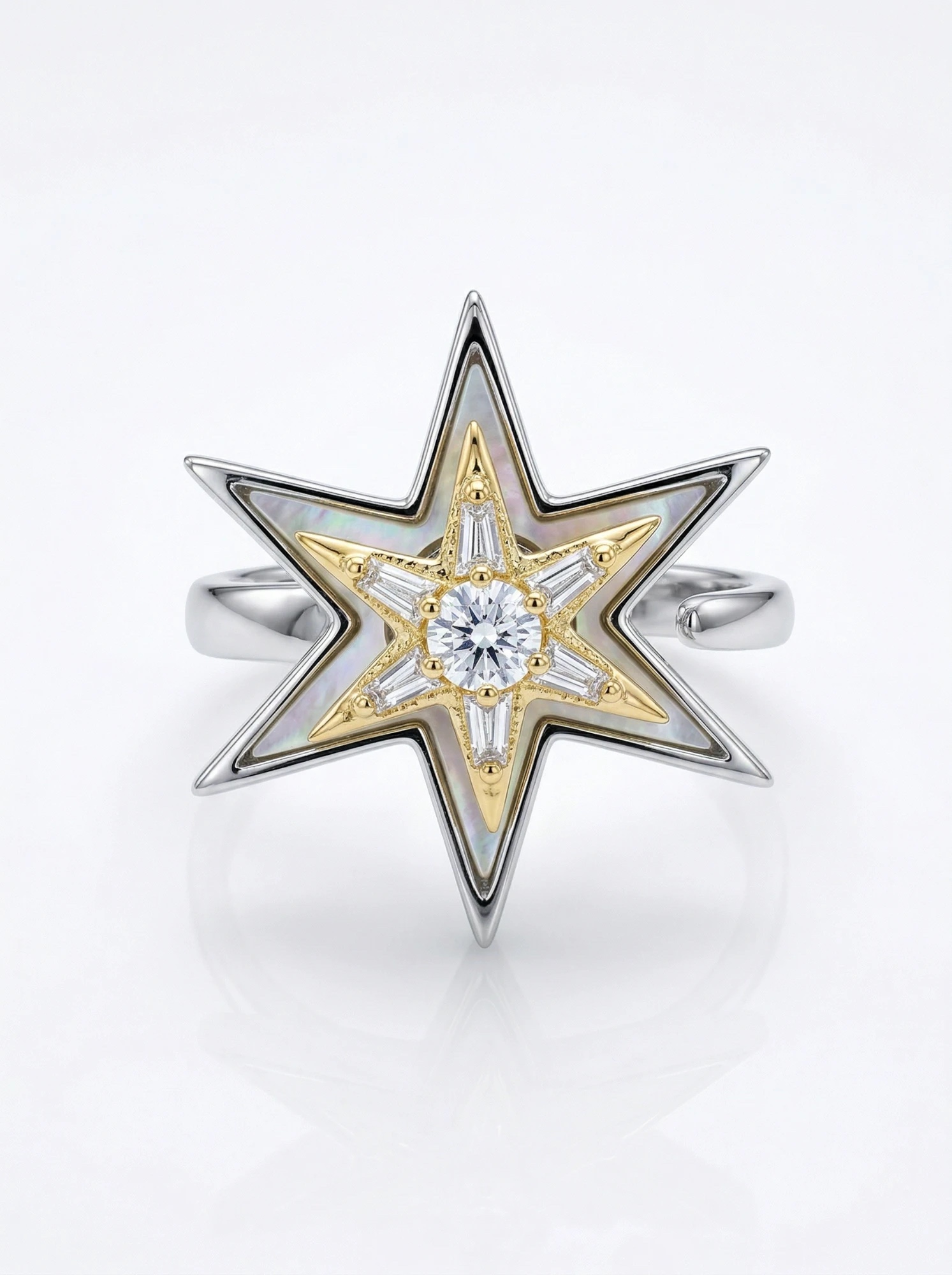 Front view of the two-tone star ring with a gold inner star over mother of pearl - Pure Pearls