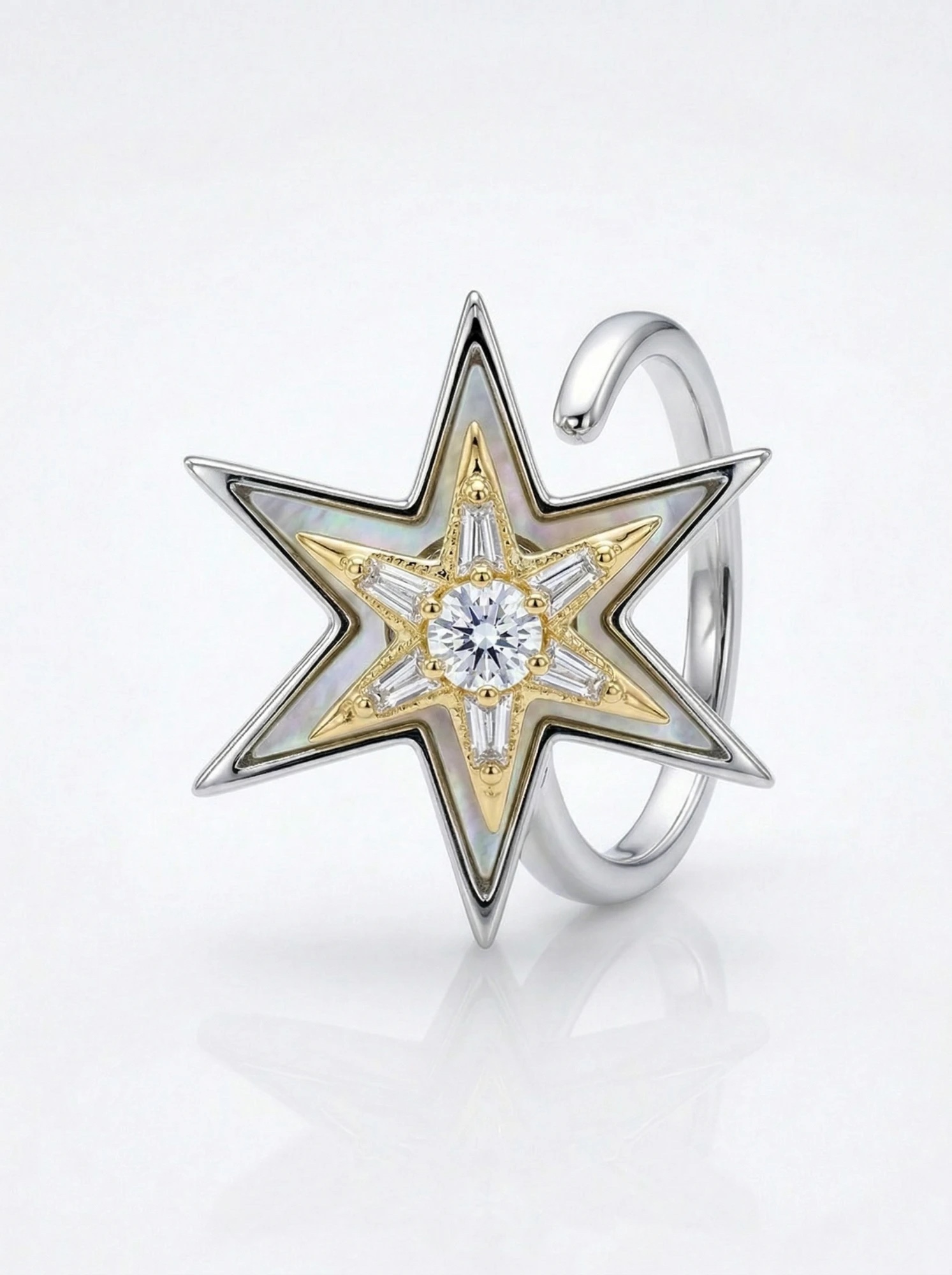 Angled view of the mother of pearl star ring showing the open adjustable band - Pure Pearls