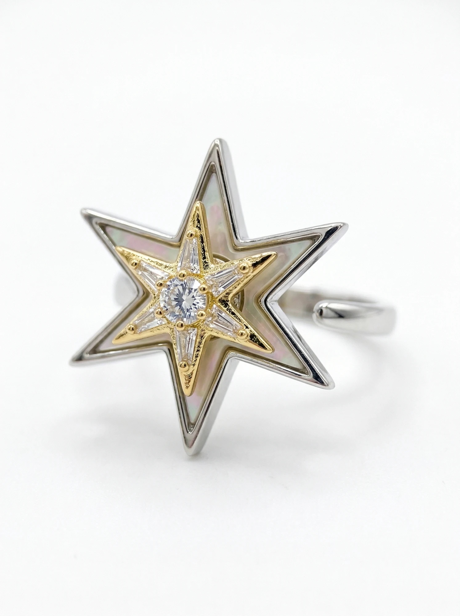 Two-tone silver and gold star ring with genuine mother of pearl and American diamonds (CZ) - Pure Pearls