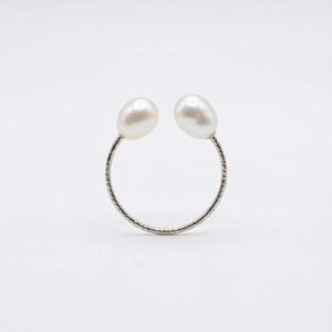 Silver-toned open ring with two white freshwater pearls on a finely textured band - Pure Pearls