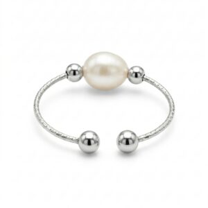 Silver-toned adjustable ring with a single white freshwater pearl between polished beads - Pure Pearls