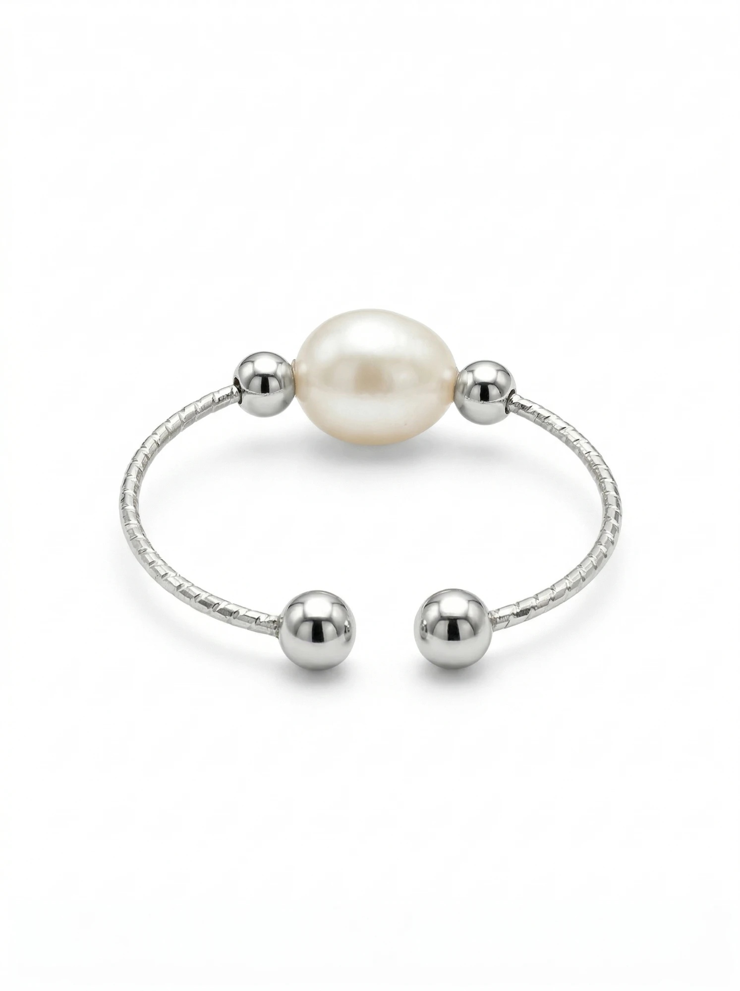 Silver-toned adjustable ring with a single white freshwater pearl between polished beads - Pure Pearls